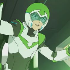 a cartoon character in green and white uniform holding his arms out to the side with one hand