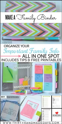 an organized family binder with the text organize your organization in one spot includes tips and free printables