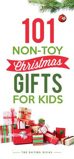 the cover of 101 non - toy christmas gifts for kids, featuring presents under a tree