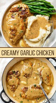 creamy garlic chicken topped with brown gravy and served with a side of mashed potatoes and green beans. Creamy Garlic Chicken Recipes, Creamy Garlic Parmesan Sauce, Garlic Chicken Recipe, Garlic Parmesan Sauce, Resipi Kek, Creamy Garlic Chicken, Parmesan Sauce, Makanan Diet, Health Dinner Recipes