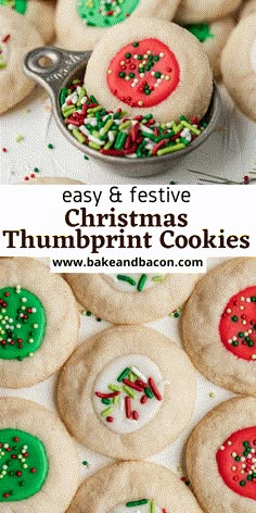 christmas thumbprint cookies with sprinkles on them and the title overlay reads easy & festive christmas thumbprint cookies