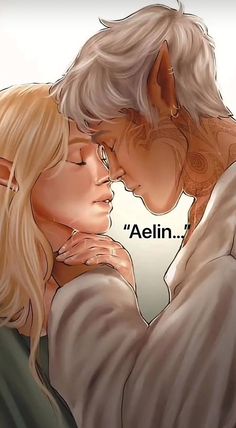 an image of two people that are touching each other's foreheads with the caption, aelin