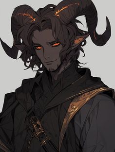 an anime character with horns on his head and long hair, wearing a black outfit