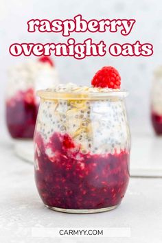 raspberry overnight oats in a glass jar with berries on top and text overlay