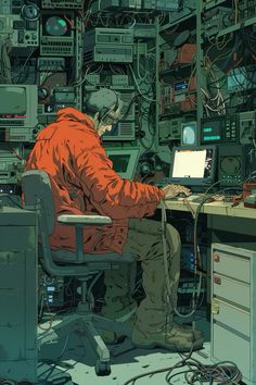 a man sitting at a computer desk surrounded by lots of wires