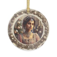 a round ornament with a portrait of a woman in an ornate dress and pearls