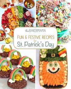 several different pictures of st patrick's day foods and treats with the words fun & festive recipes on them