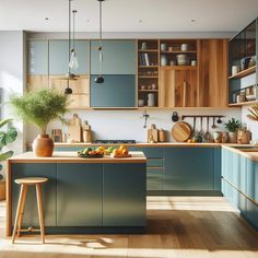 a kitchen with blue cabinets and wooden floors