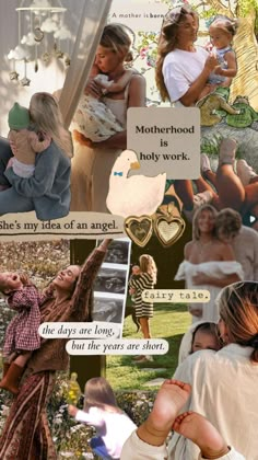 the collage shows many different pictures and words on it, including two women with their arms around each other