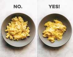 two plates with scrambled eggs on them, one has no and the other has yes