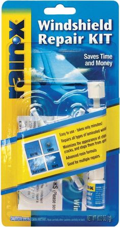 the windshield repair kit is packaged in blue and yellow packaging with instructions on how to use it