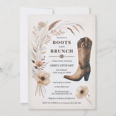 boots and brunch wedding shower card with flowers on the bottom, featuring an old - fashioned cowboy boot