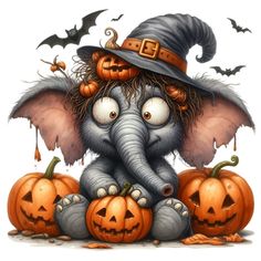 an elephant wearing a witches hat and sitting on pumpkins with its trunk in the air