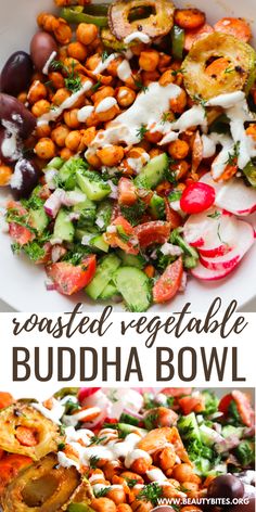 roasted vegetable buddha bowl with text overlay