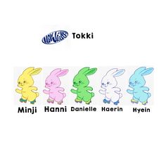 four different colored cartoon rabbits with the words toki written in english and japanese on them