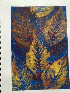 a drawing of leaves on a blue and yellow background