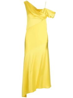 Sunshine yellow satin draped midi dress from Loewe with off the shoulder and asymmetrical hem. Yellow Satin Midi Dress For Party, Elegant Yellow Satin Midi Dress, Yellow Bias Cut Dress For Party, Bias Cut Yellow Dress For Party, Yellow Off-shoulder Evening Dress, Yellow One-shoulder Midi Dress For Evening, Yellow Satin Midi Dress For Spring, Yellow One-shoulder Evening Midi Dress, Yellow Off-shoulder Midi Dress For Party