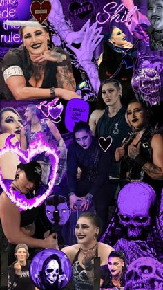 a collage of people with purple and black makeup on their faces, in different poses