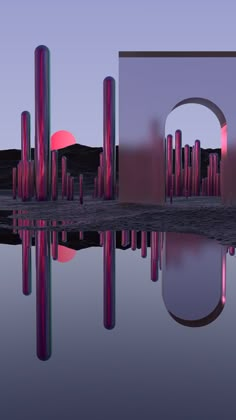 an image of a futuristic city with pink and purple colors in the water at sunset