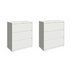 two white dressers side by side against a white background, one is empty and the other has no drawers