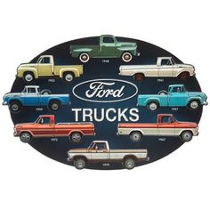 the ford trucks are depicted in this round metal wall art plaque, which features several different colors and sizes