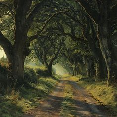 a painting of a dirt road surrounded by trees