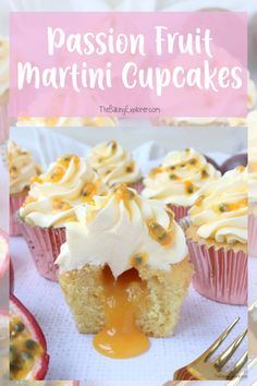 passion fruit martini cupcakes with frosting and caramel drizzle