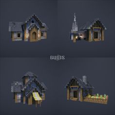 four different views of a house with windows and doors