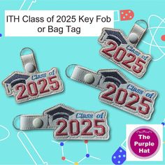 the class of 205 key fob or bag tag is shown in three different colors