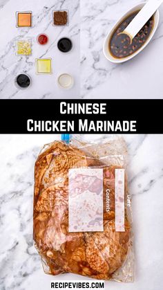 chicken marinade in a plastic bag on top of a marble counter