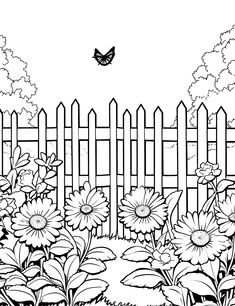 a fence with flowers and a butterfly flying over it