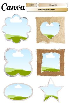 some stickers that have been placed in the shape of frames with clouds and grass on them