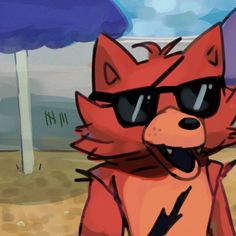 a cartoon fox wearing sunglasses and standing in the sand with an umbrella behind it's head