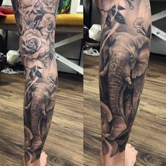 Elephant Tattoos On Leg, Wild Life Sleeve Tattoo, Elephant Leg Sleeve Tattoo, Elephant And Flowers Tattoo Design, Elephant Tattoo Sleeve Women, Animal Leg Sleeve Tattoo Women, Jungle Tattoo Sleeve Women, Elephant Tattoos With Flowers Half Sleeves