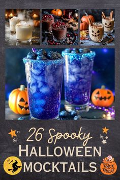 halloween cocktails with blue liquid and spooky decorations