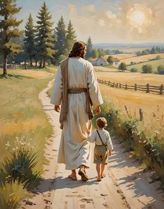 a painting of a man and child walking down a path with the sun in the background