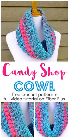 the candy shop cowl crochet pattern is shown