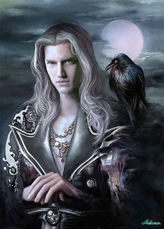 a painting of a man with long hair and a crow on his shoulder