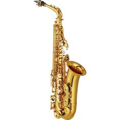 a gold saxophone is shown against a white background