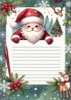 a christmas card with santa claus holding a pen and writing on the paper, surrounded by holly