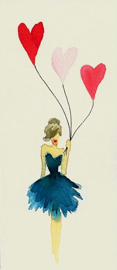 a watercolor painting of a ballerina holding three heart shaped balloons in her hands