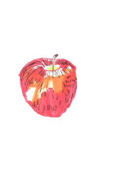 an apple painted in red and orange on a white background