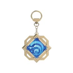 a keychain with an image of a blue and gold geometric design on it