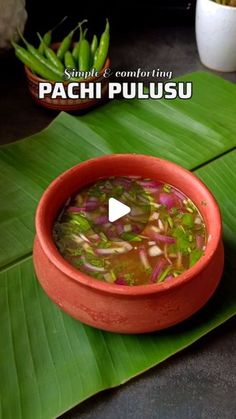 a bowl filled with soup sitting on top of a green leafy plant next to a pot