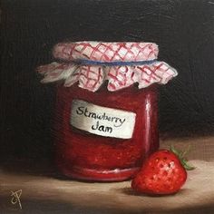 a painting of a jar of strawberry jam next to a strawberry