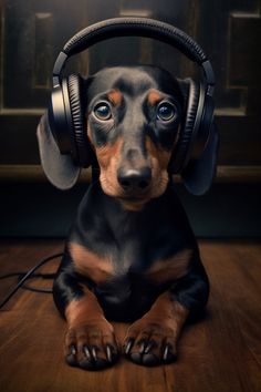 A photography of a teckel dog wearing black headphones posing in a wooden floor. French Dog, Black Headphones, Dog Illustration