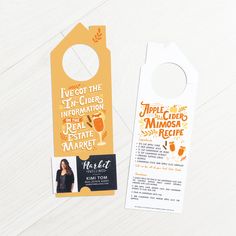 two door hangers that have different designs on them, one with an orange and black design