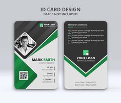 a green and black business card with an image on the front, side and back