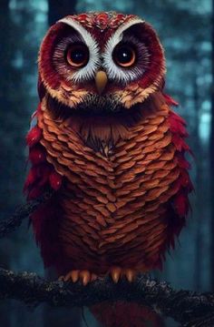 an owl sitting on top of a tree branch in the dark forest with its eyes wide open