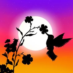 the silhouette of a bird flying over flowers in front of a full moon